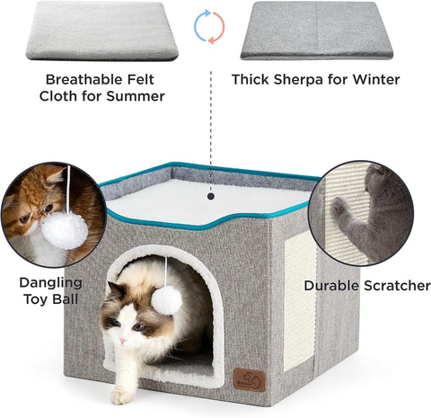 Cat Beds for Indoor Cats - Large Cat Cave for Pet Cat House with Fluffy Ball Hanging and Scratch Pad, Foldable Cat Hideaway,16.5X16.5X13 Inches, Grey