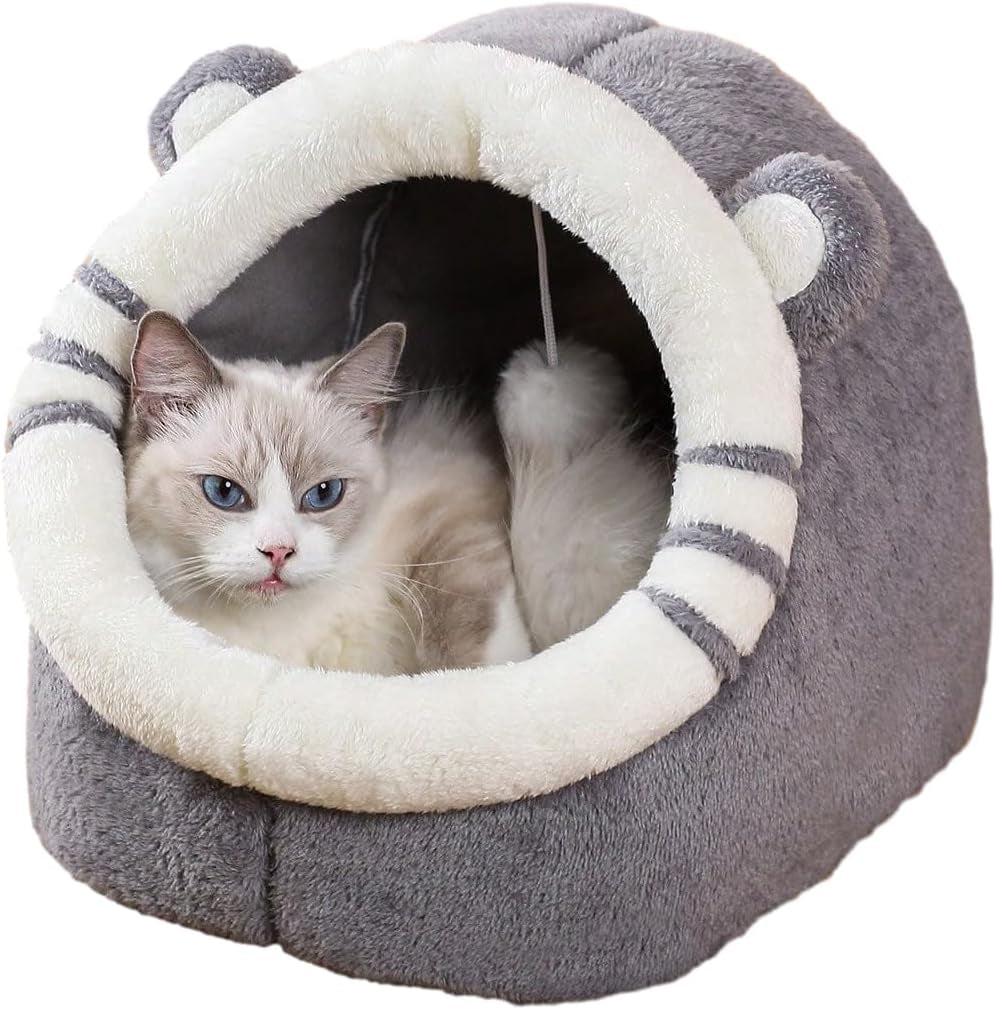 Indoor Cat Bed Cave with Removable Cushion - Pet Plush Warm Tent House Cartoon Rabbit Ear Design Pet Bed with Pompom for Cats Dogs Kitten Puppy and Rabbit Green L