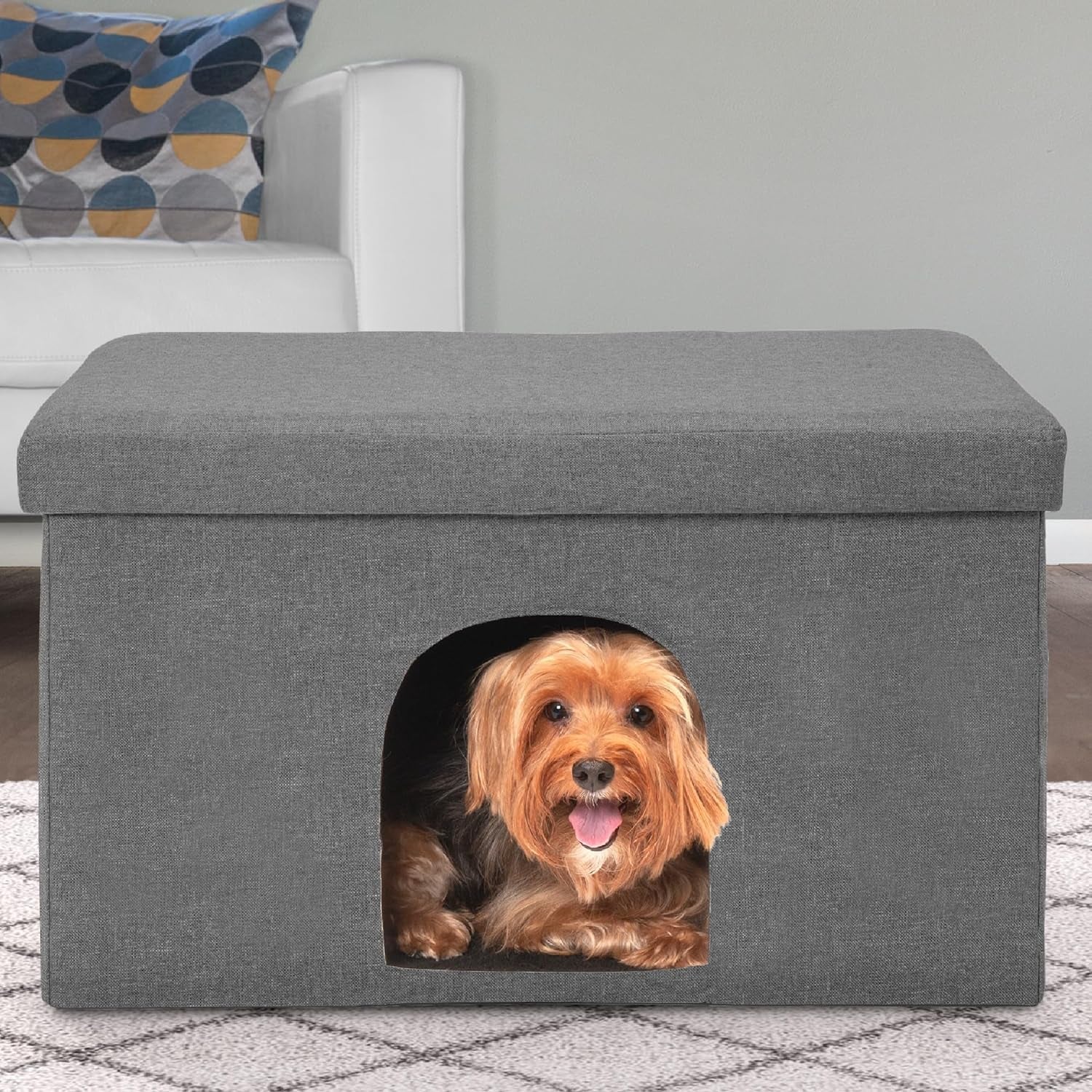 Pet House for Indoor Cats & Medium/Small Dogs, Collapsible & Foldable W/ Plush Ball Toy - Living Room Ottoman Cat Condo - Stormy Gray, Large