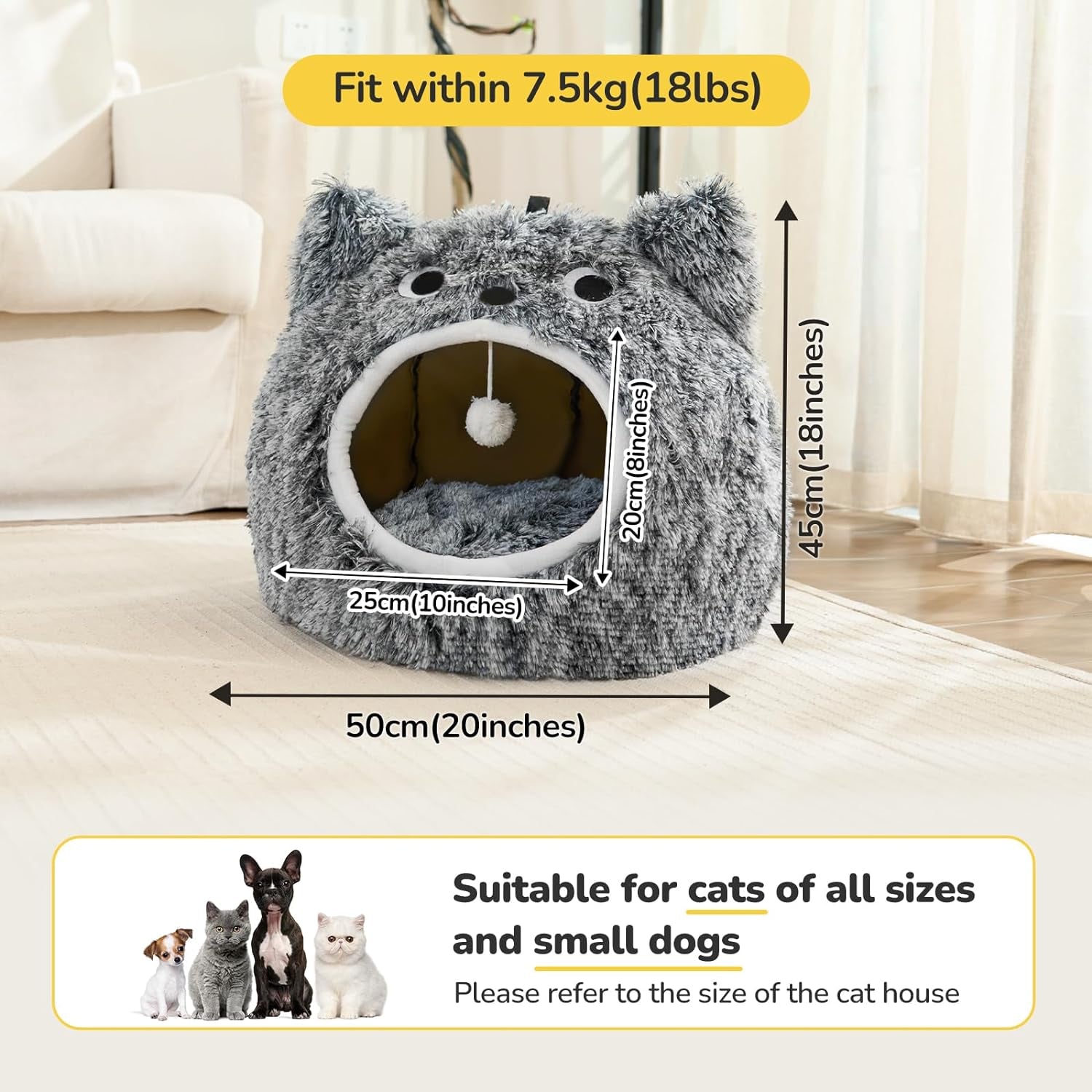 Cat Bed, Cat Beds for Indoor Cats Washable, Cute Warm Cat Cave, Large Cat & Dog Bed Cave, Cozy Plush Hooded Cat Bed with Soft Cushion, White (20 * 20 * 16 Inches)