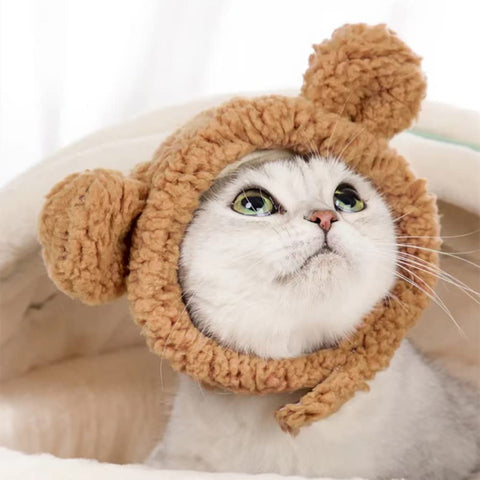 Cute Cat Costume Warm Bear Hat for Cat Adjustable Soft Small Pet Headwear Bear Hat for Cat Puppy Dog (Brown)