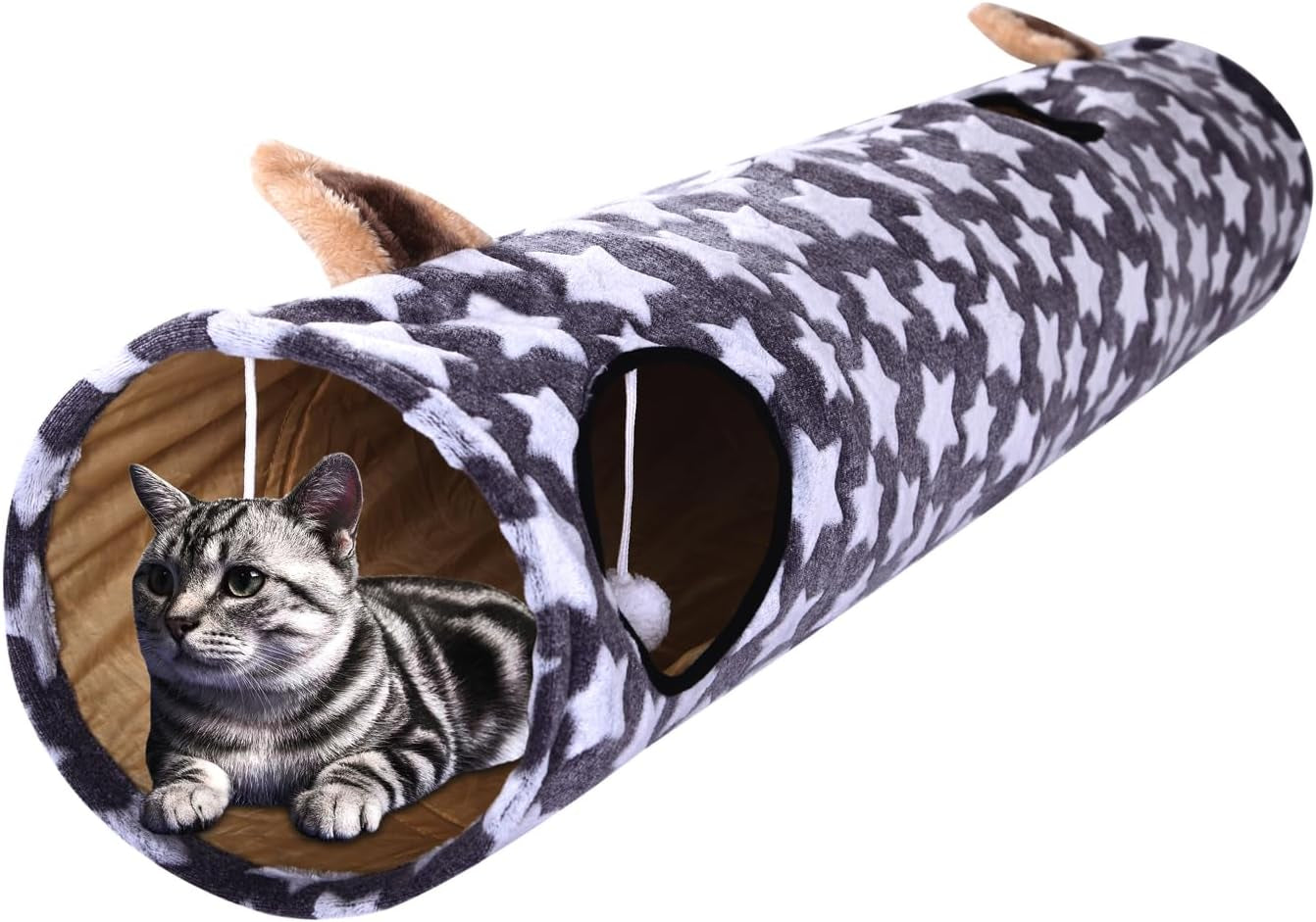 Large Cat Tunnel Bed with Plush Cover,Fluffy Toy Balls, Small Cushion and Flexible Design- 10 Inch Diameter, 3 Ft Length- Great for Cats, and Small Dogs, Gray Geometric Figure