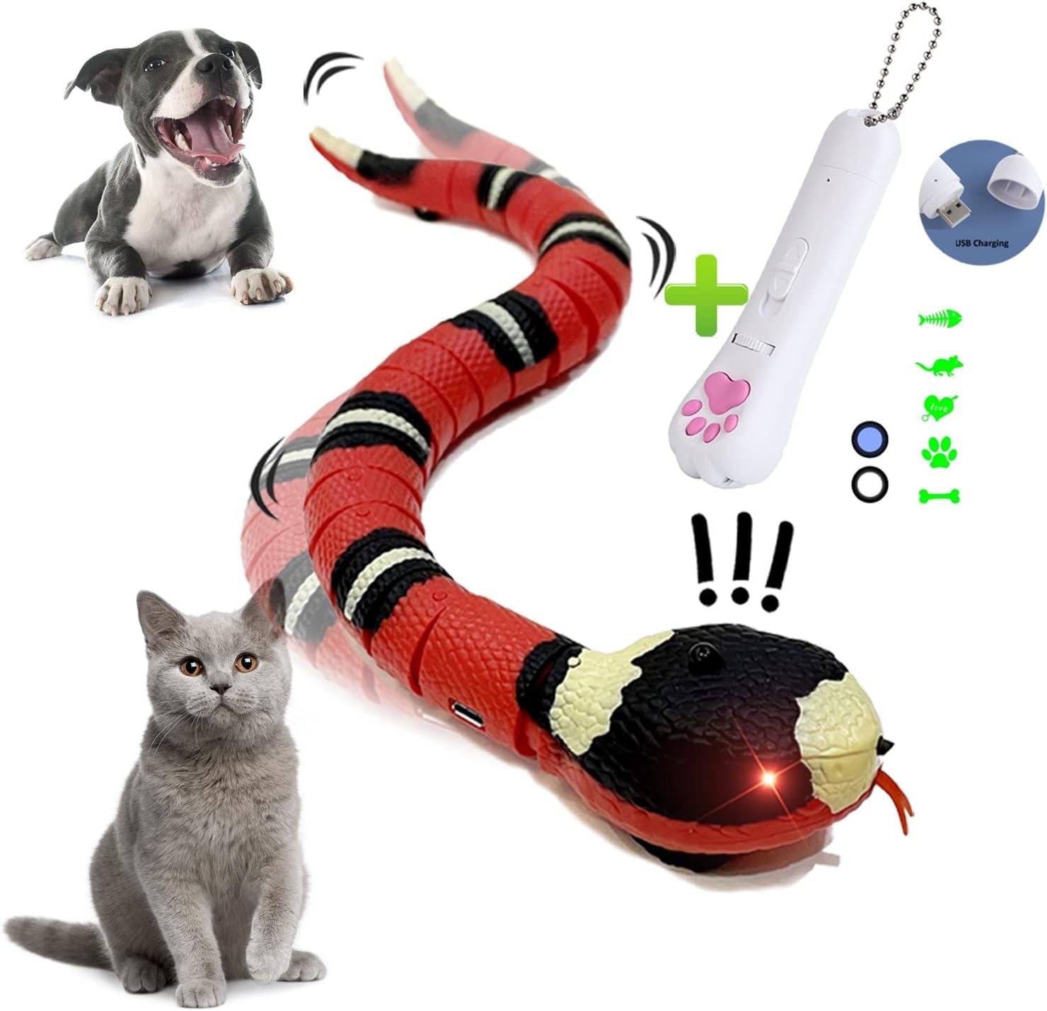 Snake Cat Toy for Cats 1PC, Smart Sensing Snake Rechargeable, Automatically Sense Obstacles and Escape, Realistic S-Shaped Moving Electro-Sensing Cat Snake Toy, Great Interactive Toys for Cats