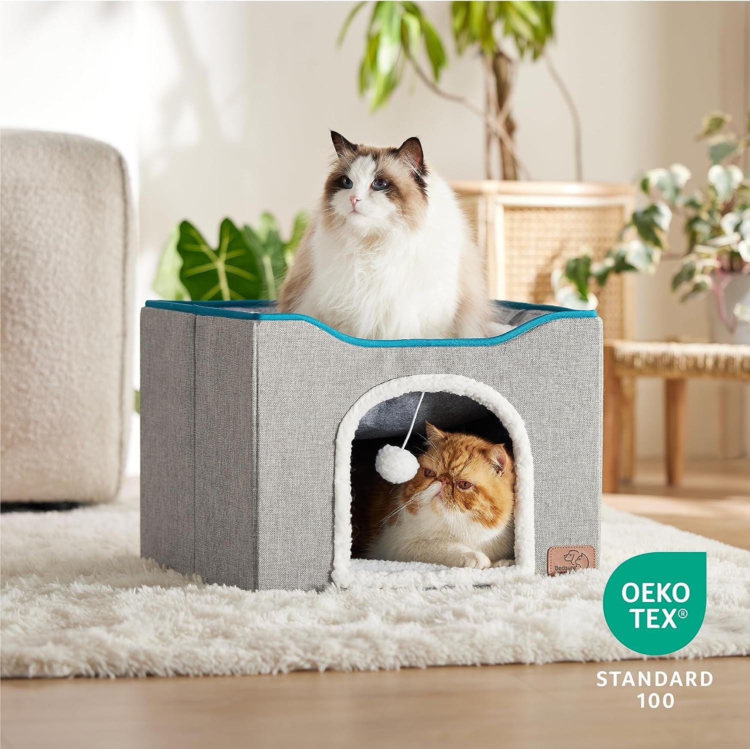 Cat Beds for Indoor Cats - Large Cat Cave for Pet Cat House with Fluffy Ball Hanging and Scratch Pad, Foldable Cat Hideaway,16.5X16.5X13 Inches, Grey