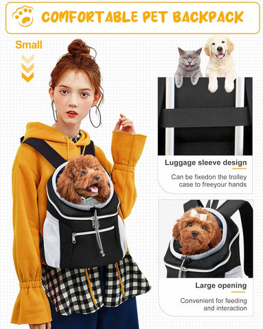 Small Dog Carrier Backpack Pet Dog Carrier Front Pack Breathable Head Out Reflective Safe Warm Doggie Carrier Backpack for Small Dogs Cats Rabbits(S (1-6Lbs), Black)