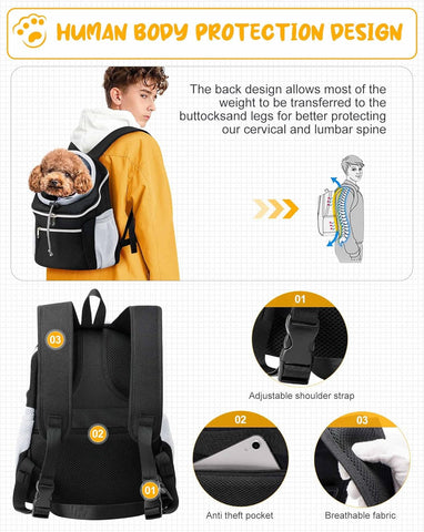 Small Dog Carrier Backpack Pet Dog Carrier Front Pack Breathable Head Out Reflective Safe Warm Doggie Carrier Backpack for Small Dogs Cats Rabbits(S (1-6Lbs), Black)