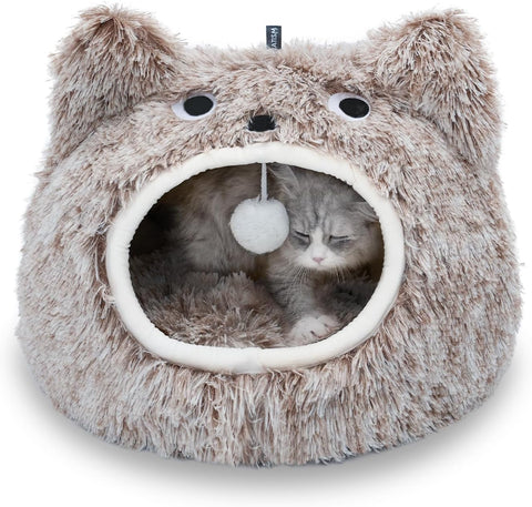 Cat Bed, Cat Beds for Indoor Cats Washable, Cute Warm Cat Cave, Large Cat & Dog Bed Cave, Cozy Plush Hooded Cat Bed with Soft Cushion, White (20 * 20 * 16 Inches)