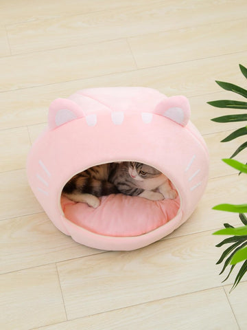 Indoor Cat Bed Cave with Removable Cushion - Pet Plush Tent House Cartoon Ear Design Pet Bed with Pompom for Cats Kitten Dogs Puppy and Rabbit Pink and White L