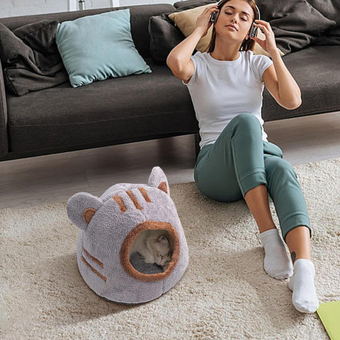 Cat Cave Bed, Soft Plush Cat Bed House, Warm Cozy Cat Hideaway Bed, Comfortable and Roomy Indoor Pet Cave, Washable Kitten Bed Cave with Removable Cushioned Pillow, Self Warming Cat House Tent