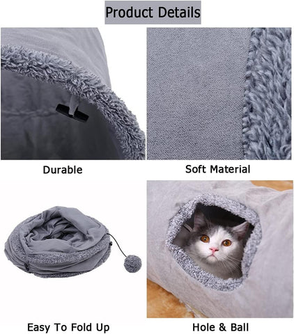 Collapsible Cat Tunnel,Durable Suede Pet Toys Play Tunnel with Ball and Hole,For Cats,Rabbits,Kittens,Puppy and Small Pets (Grey 51X12Inch)