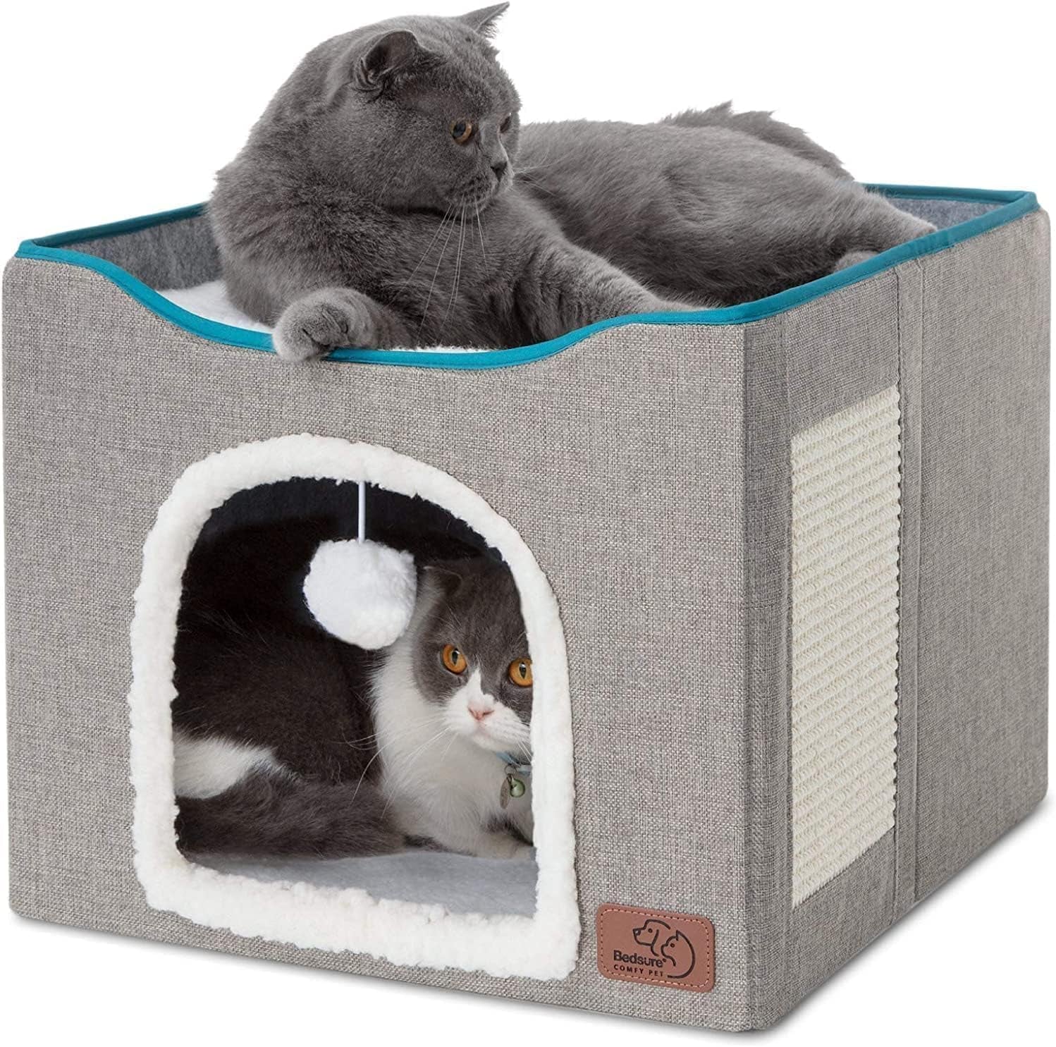 Cat Beds for Indoor Cats - Large Cat Cave for Pet Cat House with Fluffy Ball Hanging and Scratch Pad, Foldable Cat Hideaway,16.5X16.5X13 Inches, Grey