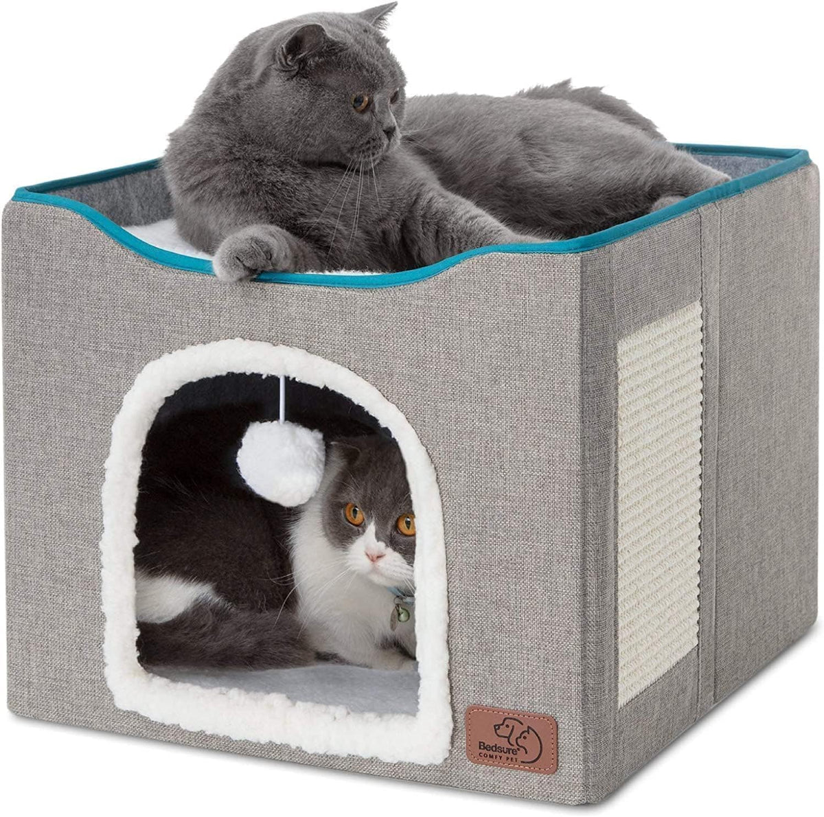 Cat Beds for Indoor Cats - Large Cat Cave for Pet Cat House with Fluffy Ball Hanging and Scratch Pad, Foldable Cat Hideaway,16.5X16.5X13 Inches, Grey