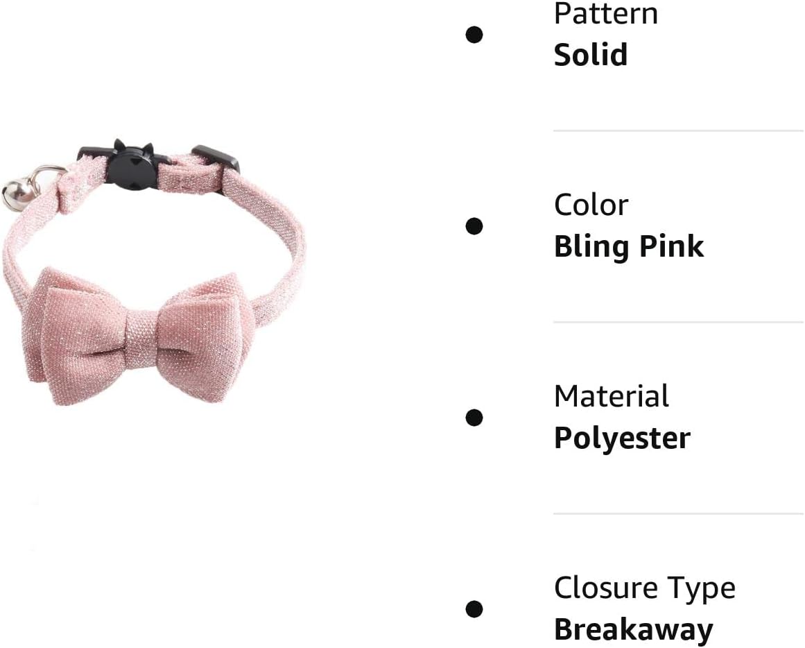 Cat Collar Breakaway with Bowtie Bell, Pink Bling Kitten Collar with Removable Cat Bow Tie Collar for Kitty Cat (7.4-10.8 Inch)