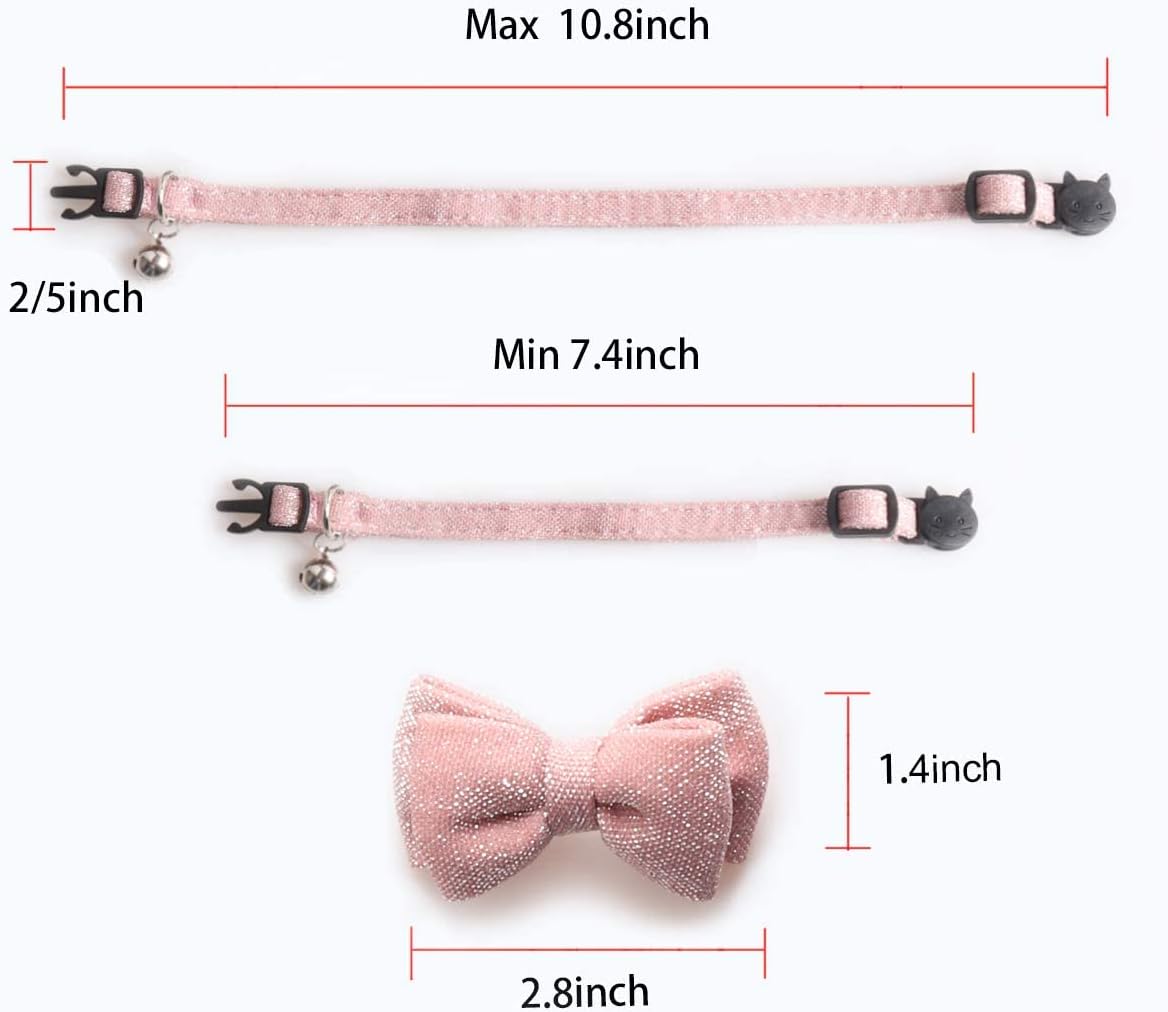 Cat Collar Breakaway with Bowtie Bell, Pink Bling Kitten Collar with Removable Cat Bow Tie Collar for Kitty Cat (7.4-10.8 Inch)