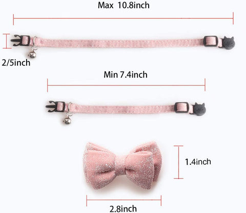 Cat Collar Breakaway with Bowtie Bell, Pink Bling Kitten Collar with Removable Cat Bow Tie Collar for Kitty Cat (7.4-10.8 Inch)