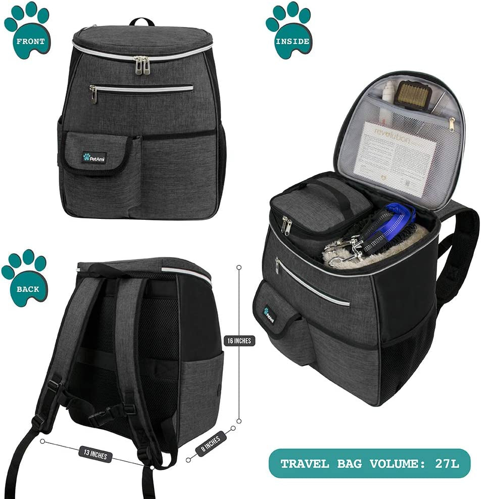 Dog Travel Bag Backpack, Airline Approved Dog Bags for Traveling, Puppy Diaper Bag Supplies, Pet Camping Essentials Hiking Accessories Dog Mom Gift, Food Container, Collapsible Bowls, Dark Gray