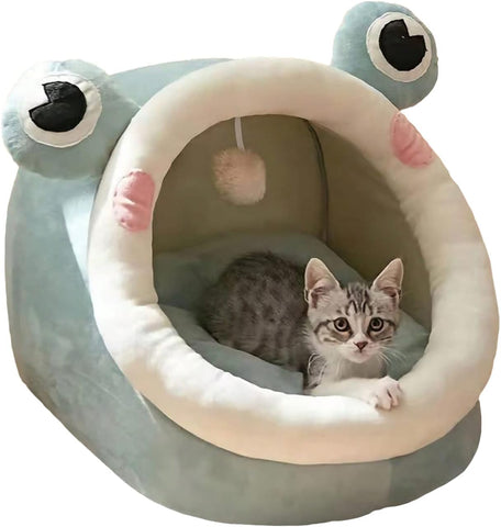 Indoor Cat Bed Cave with Removable Cushion - Pet Plush Warm Tent House Cartoon Rabbit Ear Design Pet Bed with Pompom for Cats Dogs Kitten Puppy and Rabbit Green L