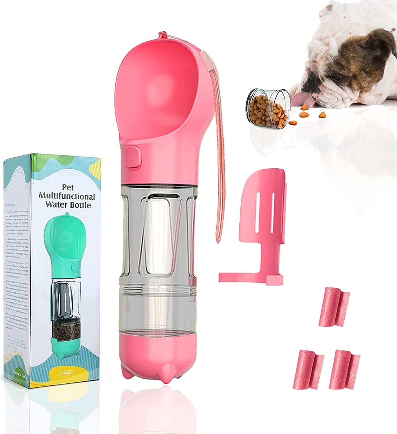 Dog Water Bottle - 10Oz Portable Dog Water Bottle Leak-Proof Dog Drinking Machine with Food Container and Garbage Bag Suitable for Pet Outdoor Dog Accessories（Pink）