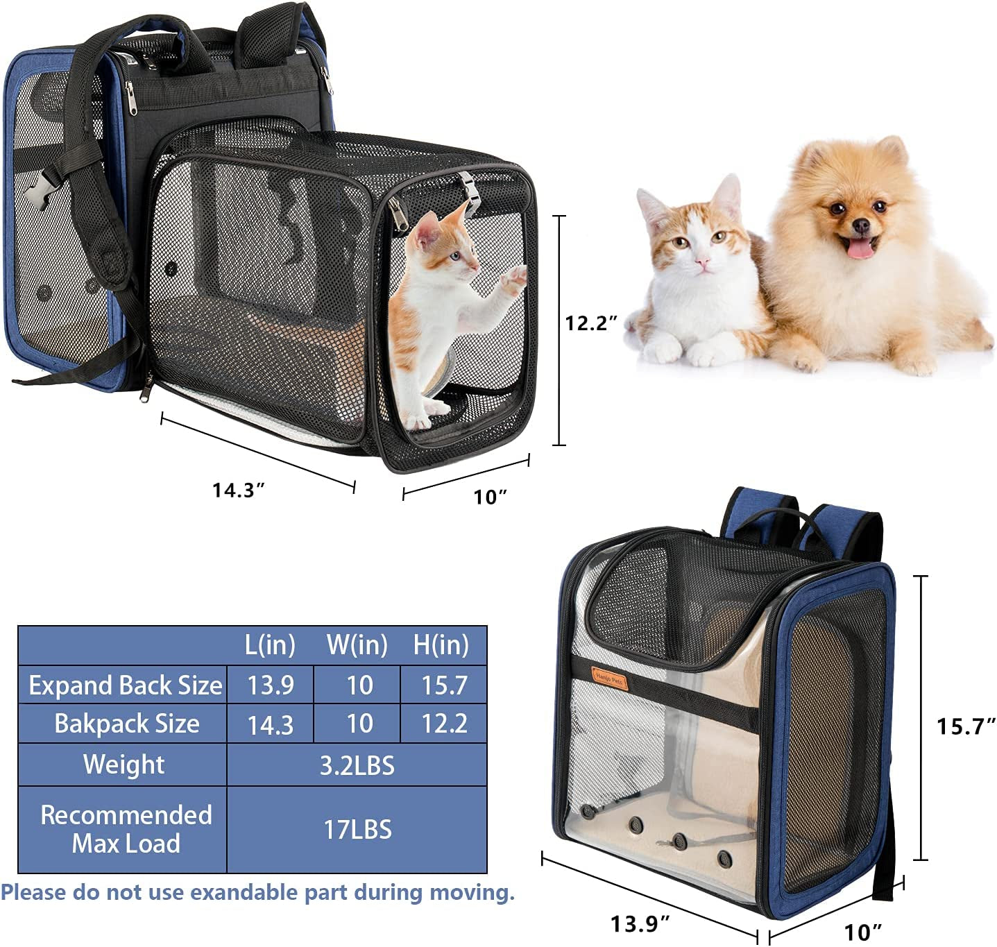 Expandable Cat Carrier Backpack - Pet Carrier Backpack Airline Approved - Dog Backpack Carrier with Cozy Mat Breathable Mesh Holds Pet up to 16 Lbs, Designed for Walking Travel Outdoor,Navy