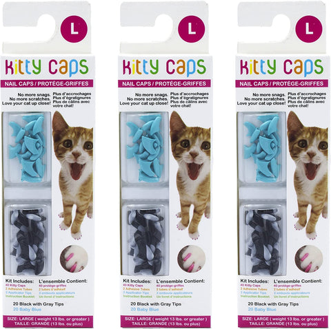 Nail Caps for Cats | Safe & Stylish Alternative to Declawing | Stops Snags and Scratches, Large (13 Lbs or Greater), Black with Gray Tips & Baby Blue (FF9325)