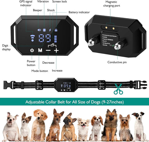 GPS Wireless Dog Fence System, Electric Dog Fence, Portable GPS Wireless Pet Perimeter Dog Collar with Large Stable Signal Boundary,Range up to 6560Ft. Adjustable Dog Collar for All Dogs