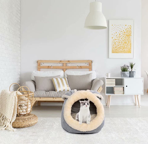 Cat Beds for Indoor Cats - Small Dog Bed with Anti-Slip Bottom, Rabbit-Shaped Cat/Small Dog Cave with Hanging Toy, Puppy Bed with Removable Cotton Pad, Super Soft Calming Pet Sofa Bed (Grey Large)