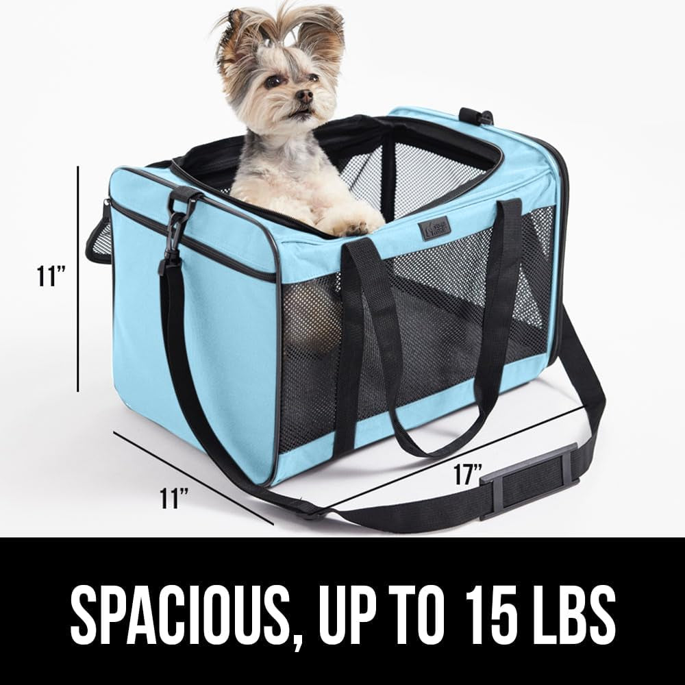 Airline Travel Cat Carrier Bag up to 15 Lbs, Breathable Mesh Collapsible Pet Carriers for Small, Medium Cats, Small Dogs, Puppies, Portable Kennel with Soft Washable Waterproof Pad Blue