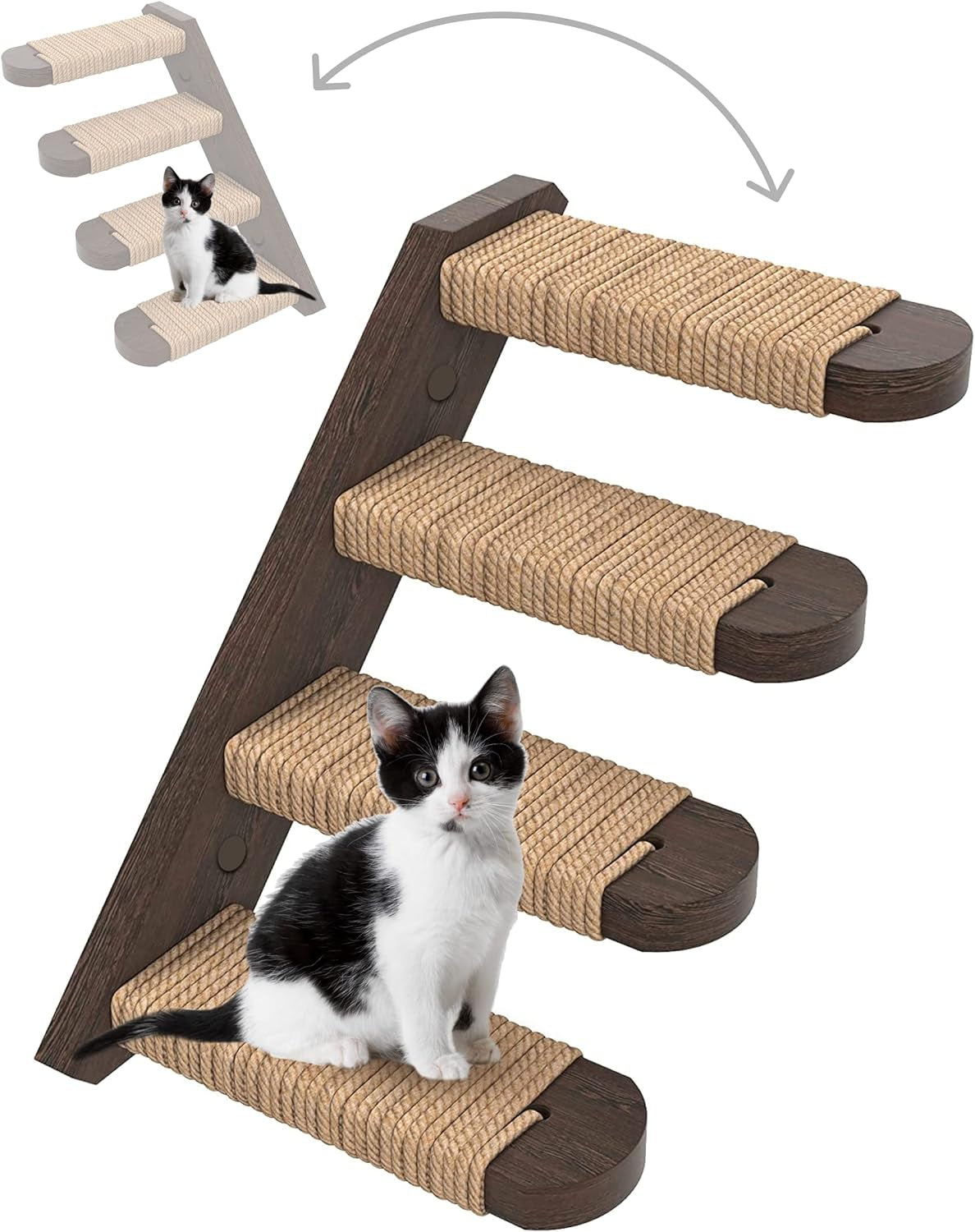 Cat Wall Steps - Solid Rubber Wood Cat Stairs Great for Scratching and Climbing - Easy to Install Wall Mounted Cat Shelves for Playful Cats (Wood, Right-Left)