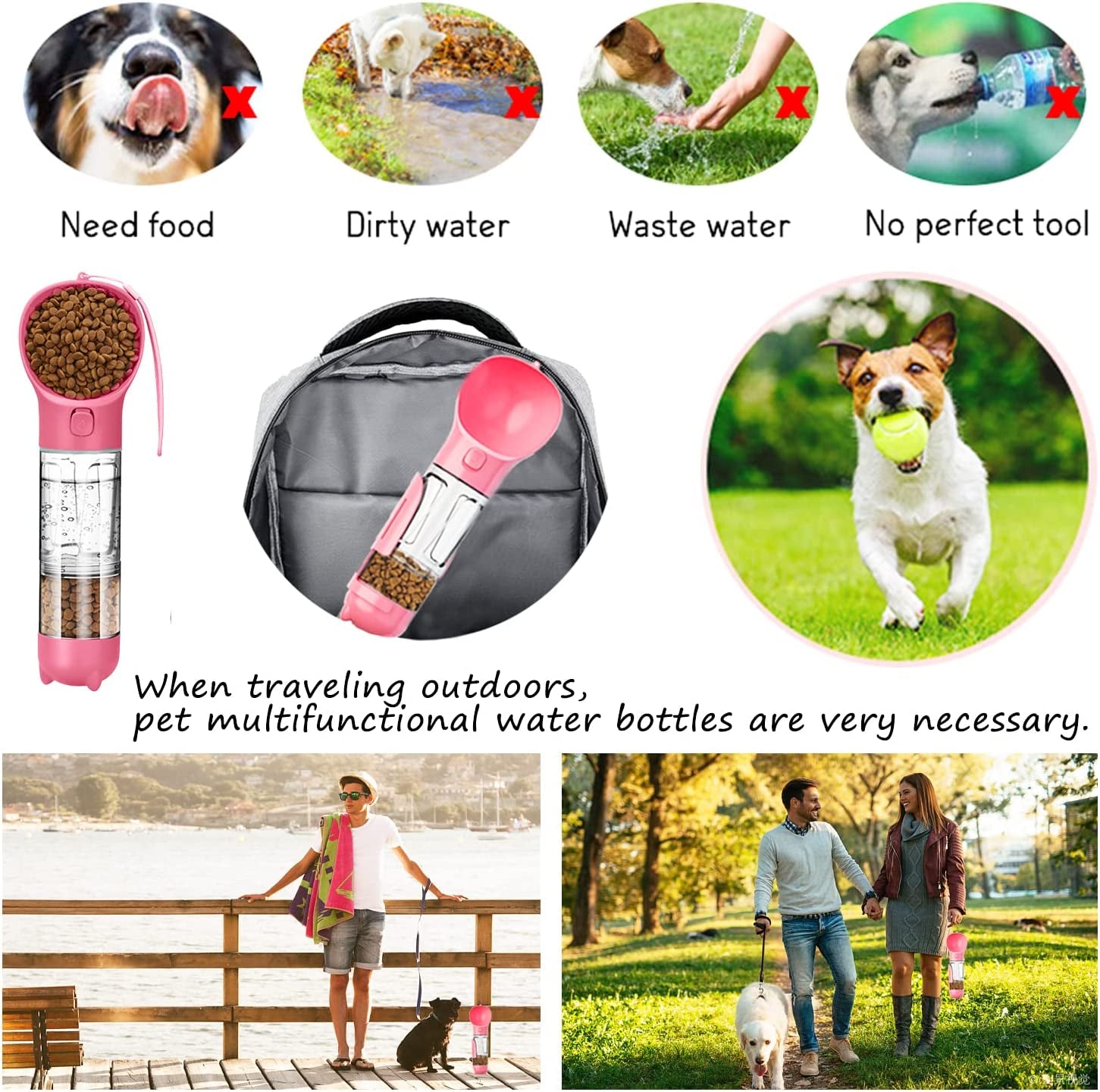 Dog Water Bottle - 10Oz Portable Dog Water Bottle Leak-Proof Dog Drinking Machine with Food Container and Garbage Bag Suitable for Pet Outdoor Dog Accessories（Pink）