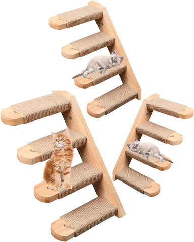 Cat Wall Steps - Solid Rubber Wood Cat Stairs Great for Scratching and Climbing - Easy to Install Wall Mounted Cat Shelves for Playful Cats (Wood, Right-Left)