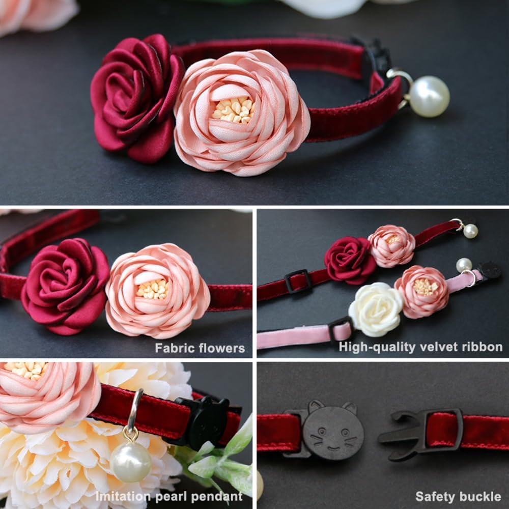 Cute Cat Collar Breakaway with Flowers Adjustable from 7.5" to 11.8" for Girl Kitten Puppy Small Cats Dogs (Pink)