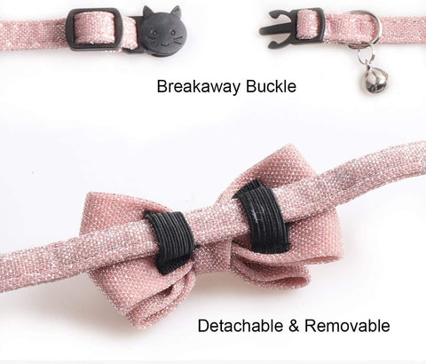 Cat Collar Breakaway with Bowtie Bell, Pink Bling Kitten Collar with Removable Cat Bow Tie Collar for Kitty Cat (7.4-10.8 Inch)