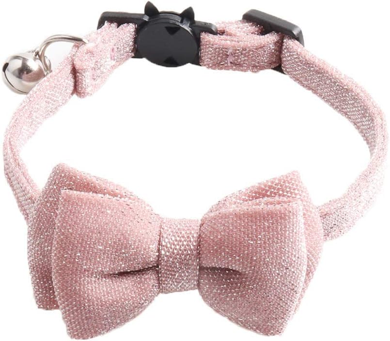 Cat Collar Breakaway with Bowtie Bell, Pink Bling Kitten Collar with Removable Cat Bow Tie Collar for Kitty Cat (7.4-10.8 Inch)