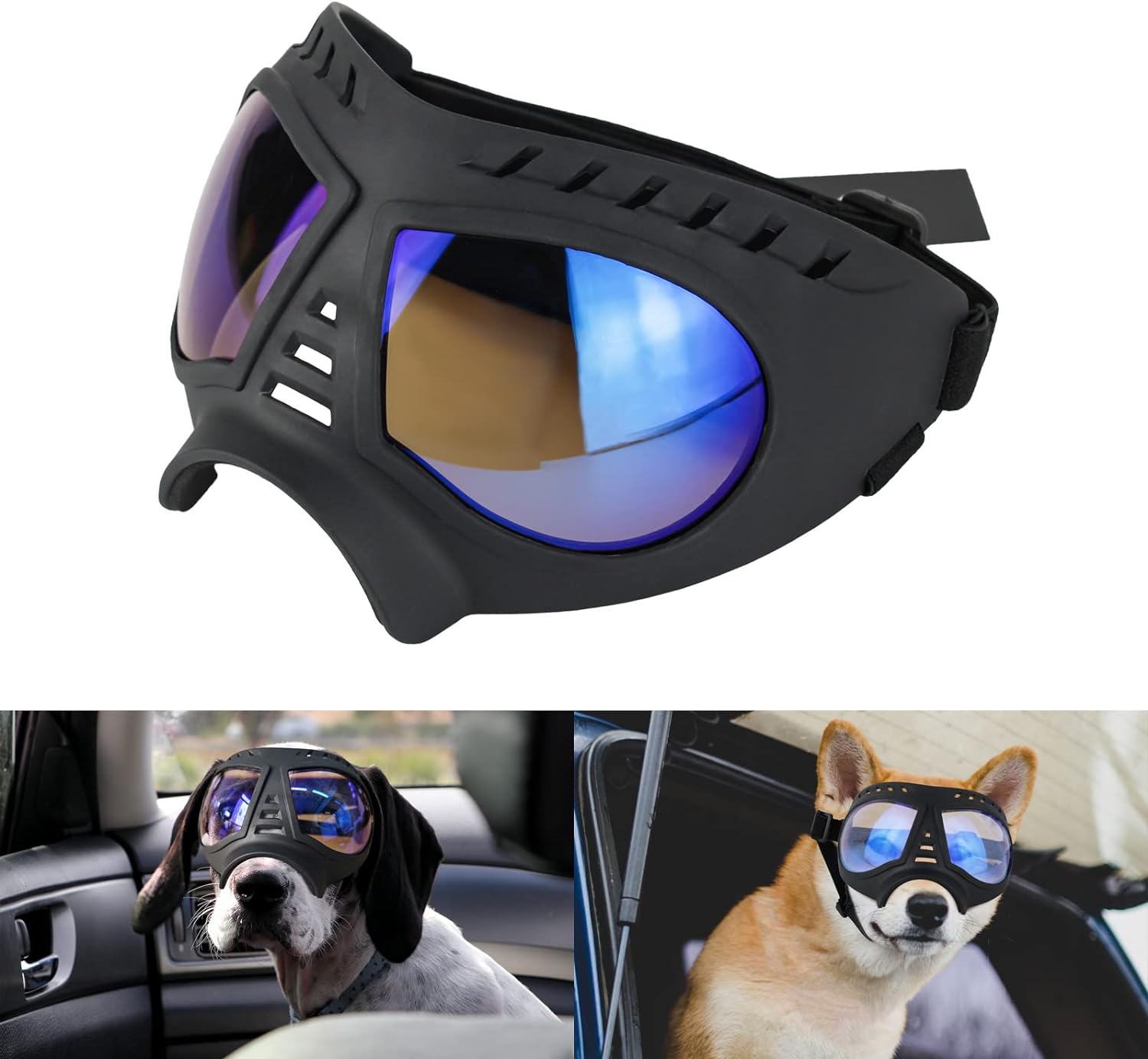 Dog Goggles for Large Dogs UV Dog Sunglasses Medium Large Breed Transparent Dog Glasses Wind/Dust/Fog/Snow Dog Eye Protection, Wide Snout Rest, Soft Frame, Clear Blue