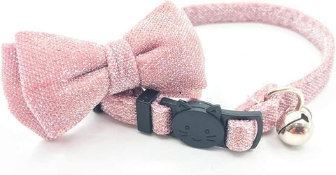 Cat Collar Breakaway with Bowtie Bell, Pink Bling Kitten Collar with Removable Cat Bow Tie Collar for Kitty Cat (7.4-10.8 Inch)