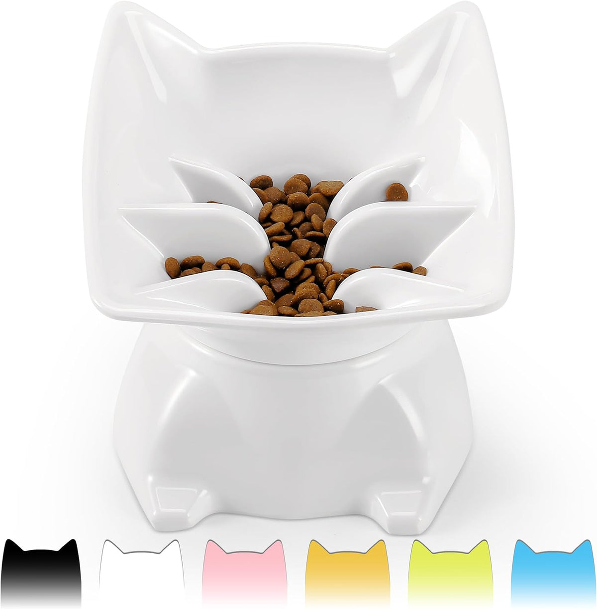 Tilted Raised Slow Feeder for Cats & Small Dogs, Cute Elevated Cat Bowls and Dishes, Food Grade Porcelain Imitated Material, 3.5'' High, White