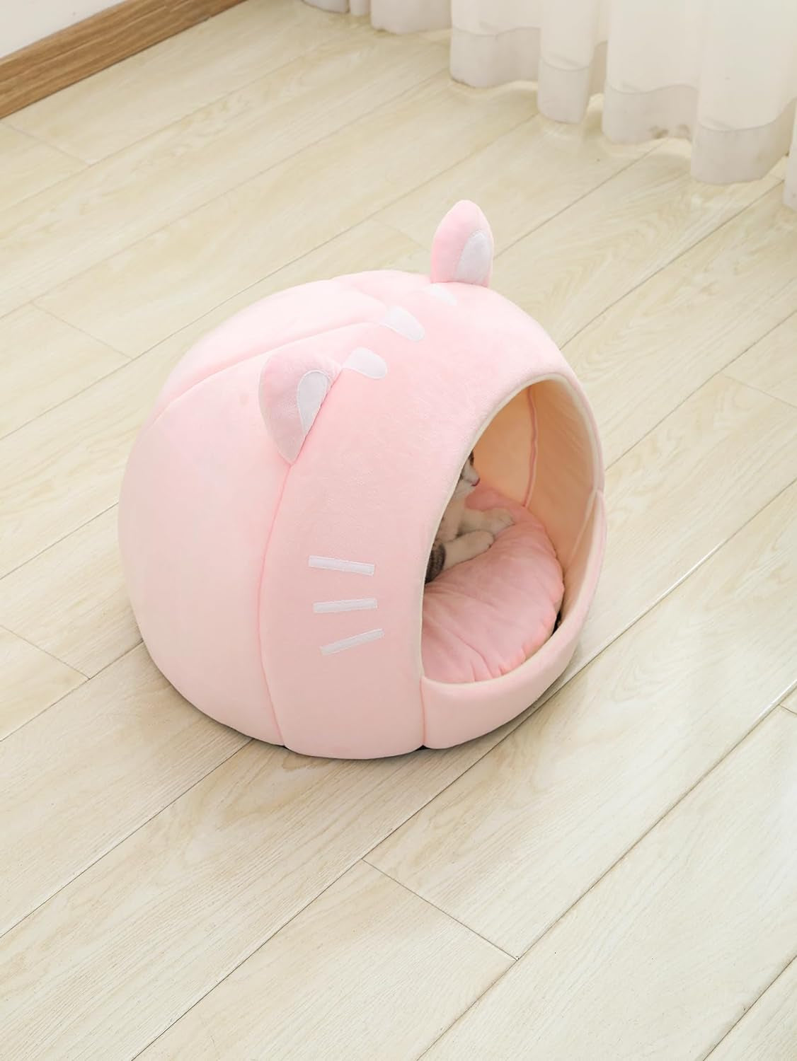 Indoor Cat Bed Cave with Removable Cushion - Pet Plush Tent House Cartoon Ear Design Pet Bed with Pompom for Cats Kitten Dogs Puppy and Rabbit Pink and White L