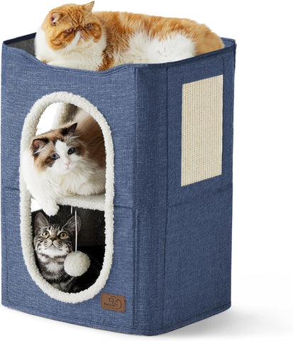 Cat Beds for Indoor Cats - Large Cat Cave for Pet Cat House with Fluffy Ball Hanging and Scratch Pad, Foldable Cat Hideaway,16.5X16.5X13 Inches, Grey