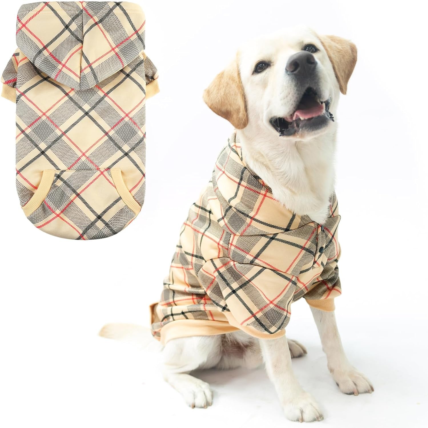 Plaid Dog Hoodie - British Style Soft and Warm Dog Sweater with Leash Hole, Hooded Cold Weather Clothes, Dog Sweatshirt, Outfits, Winter Coat for Small Medium Large Dogs