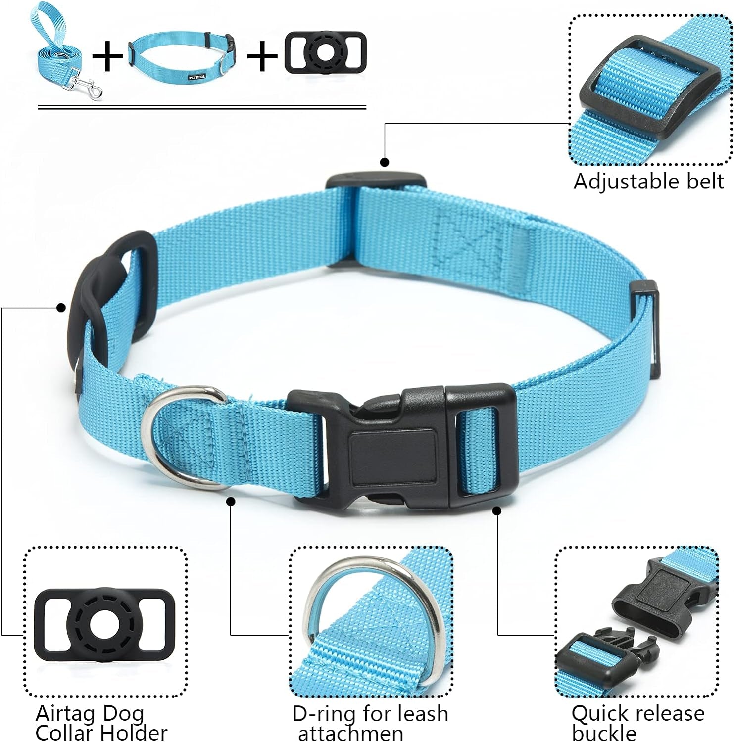 Nylon Dog Collar with Safety Locking Buckle, Adjustable Pet Collars and Leash Set with Airtag Dog Collar Holder for Small Medium Large Dogs