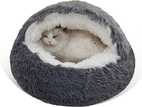 Cat Bed round Fluffy Hooded Cat Bed Cave with Non-Collapsed Plush Cover,Cat Bed Donut for Indoor Cats,Calming Dog Beds&Cat,Anti-Slip&Waterproof Bottom,Washable Bed,20Inch,Grey