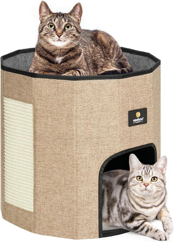 Cat House Cat Beds for Indoor Cats – Large Cat Hideaway Bed with Removable Cushion & Scratching Pad, Modern Foldable Cat Condo Enclosed Cat Bed Caves for Multi Small Pet Kitty Kitten, Black