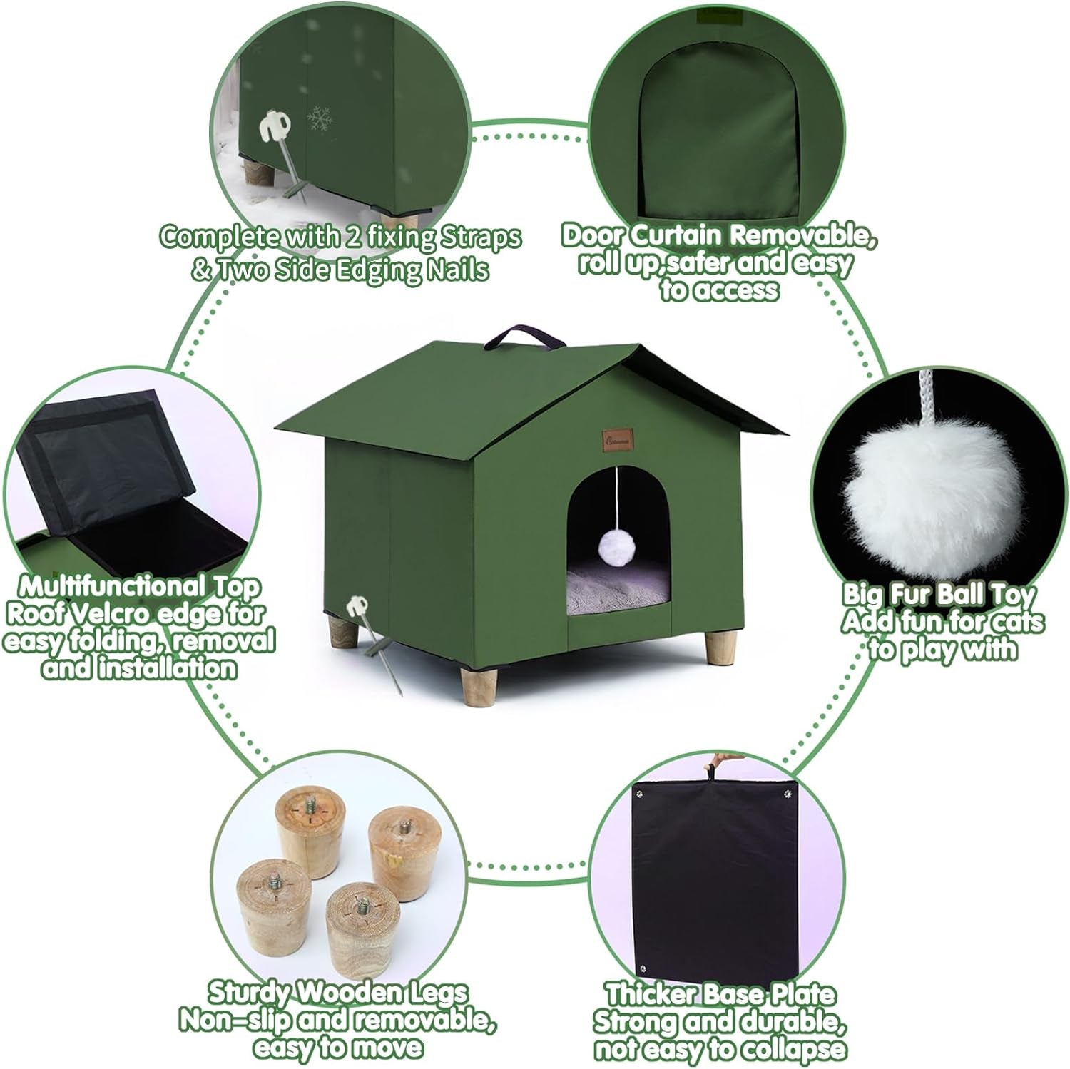 Outdoor Cat House for Winter, Weatherproof Feral Cat Shelter with Removable Soft Mat, Collapsible Cat Houses for Outdoor/Indoor Cats, Kitty Cat Condos 18 X17X18Inch (Upgraded-Army Green)