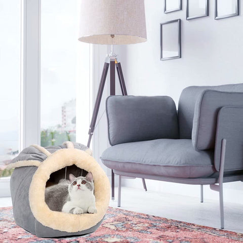 Beds for Indoor Cats - with Anti-Slip Bottom, Rabbit-Shaped Dog Cave with Hanging Toy, Puppy Bed with Removable Cotton Pad, Super Soft Calming Pet Sofa (Grey Small)