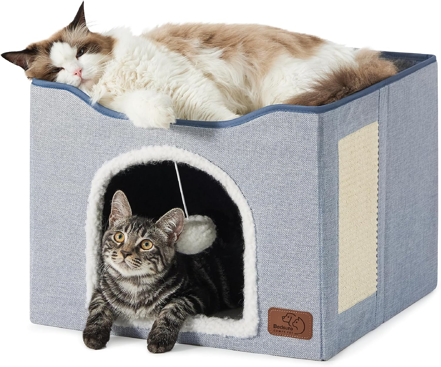 Cat Beds for Indoor Cats - Large Cat Cave for Pet Cat House with Fluffy Ball Hanging and Scratch Pad, Foldable Cat Hideaway,16.5X16.5X13 Inches, Grey