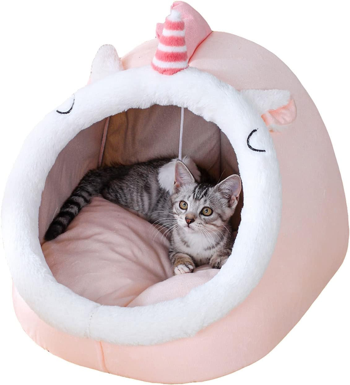 Indoor Cat Bed Cave with Removable Cushion - Pet Plush Warm Tent House Cartoon Rabbit Ear Design Pet Bed with Pompom for Cats Dogs Kitten Puppy and Rabbit Green L