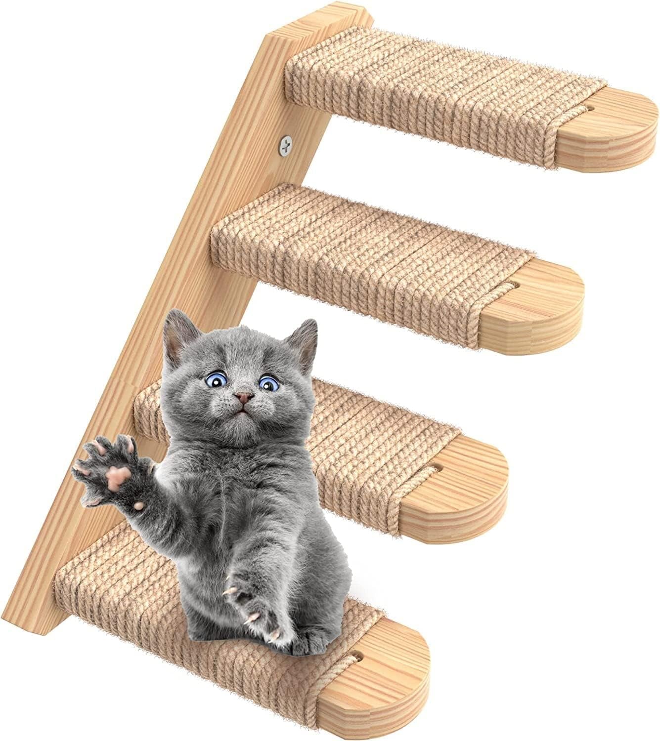 Cat Wall Steps - Solid Rubber Wood Cat Stairs Great for Scratching and Climbing - Easy to Install Wall Mounted Cat Shelves for Playful Cats (Wood, Right-Left)