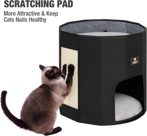 Cat House Cat Beds for Indoor Cats – Large Cat Hideaway Bed with Removable Cushion & Scratching Pad, Modern Foldable Cat Condo Enclosed Cat Bed Caves for Multi Small Pet Kitty Kitten, Black