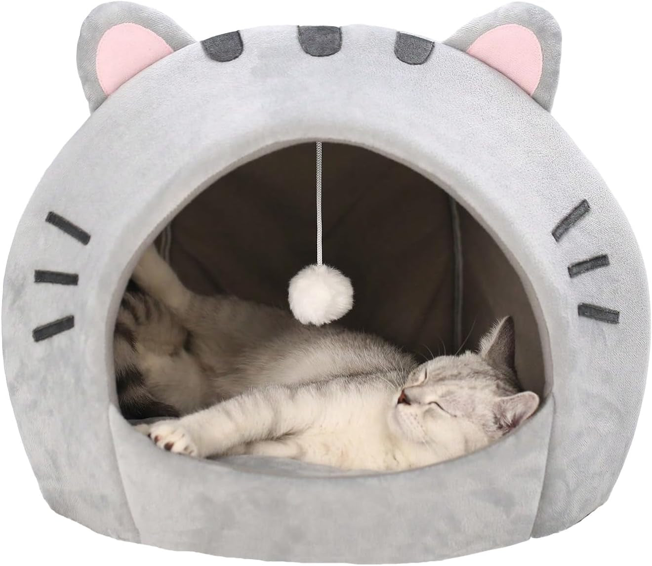 Indoor Cat Bed Cave with Removable Cushion - Pet Plush Tent House Cartoon Ear Design Pet Bed with Pompom for Cats Kitten Dogs Puppy and Rabbit Pink and White L