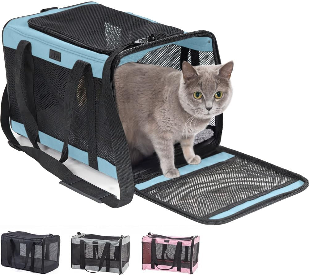 Airline Travel Cat Carrier Bag up to 15 Lbs, Breathable Mesh Collapsible Pet Carriers for Small, Medium Cats, Small Dogs, Puppies, Portable Kennel with Soft Washable Waterproof Pad Blue